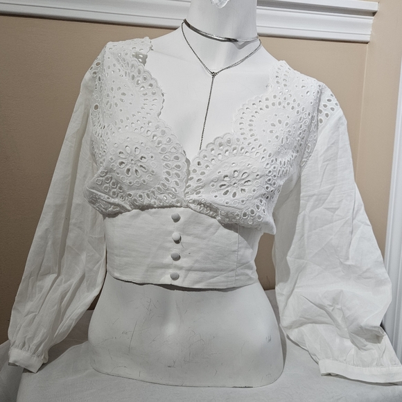 Zara Tops - Zara Linen Crop Top | White Size Large | Long Sleeve